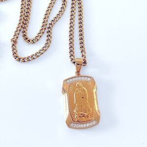 Our Lady Of Guadalupe White Diamond Stainless Steel Dog Tag Pendant Necklace